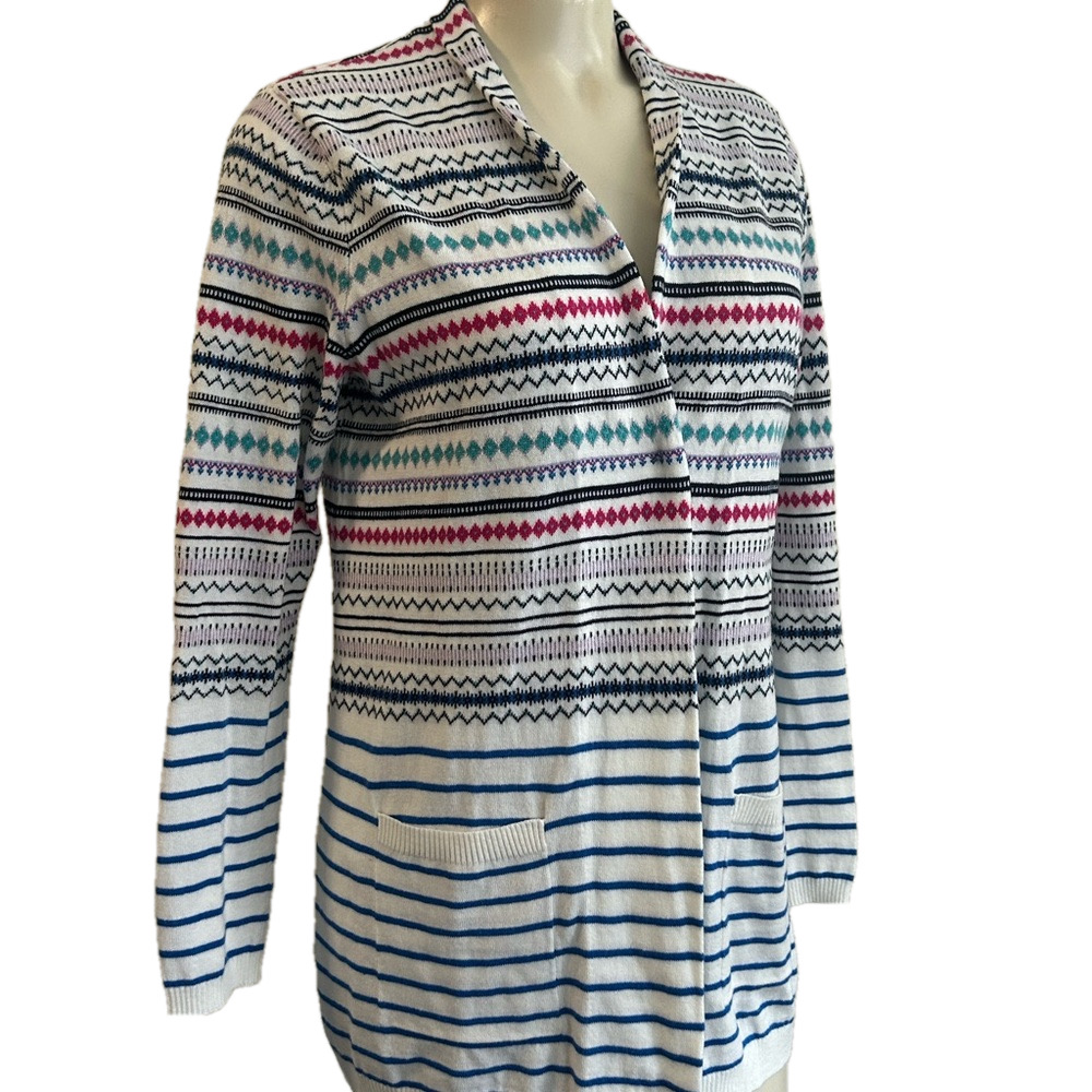 TALBOTS Blue /red white striped open front Long Sleeve thin cardigan SP NWT